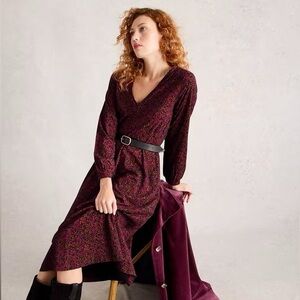 White Stuff V-Neck Burgundy Print Midi Dress